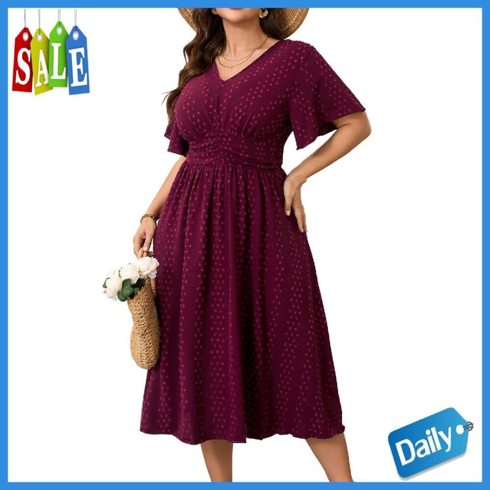 Plus Size Maxi Dress V Neck Short Sleeve Swiss Dot A Line High Waist Boho Swing